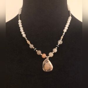 Handcrafted Sterling Silver Pink Moonstone Pendant Multicolored Beaded Necklace